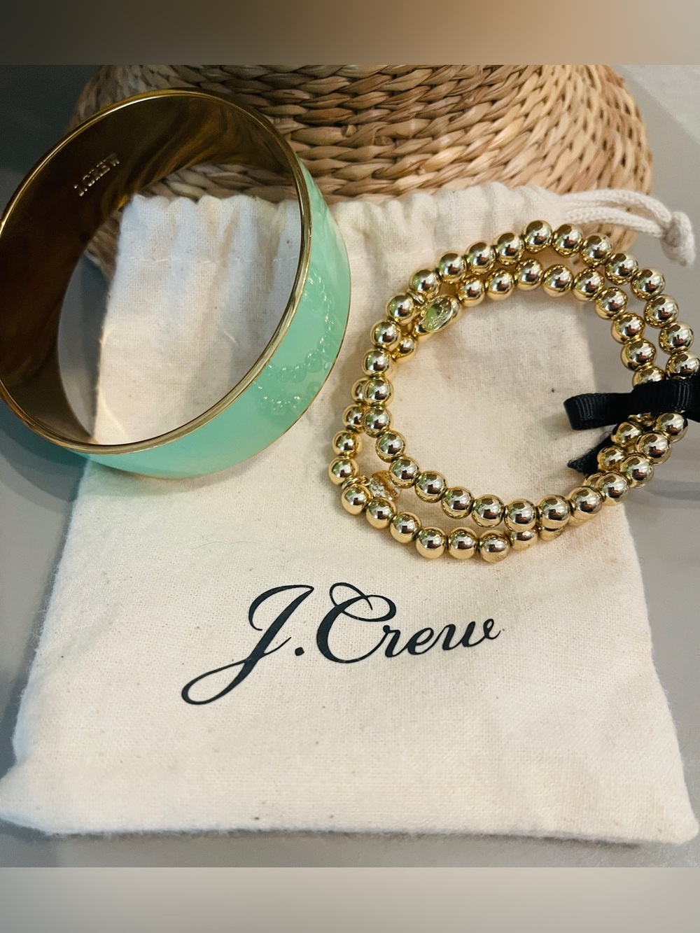 J. Crew Mint Enamel Cuff with Gold Beaded Bracelets